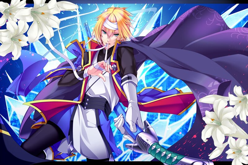 Blonde Anime Character — Blue, Dramatic, White Lilies