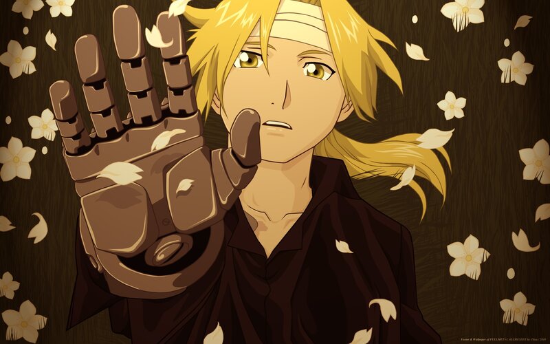 Blonde Anime Character — Brown, Dramatic, Mechanical Hand, Flower Petals