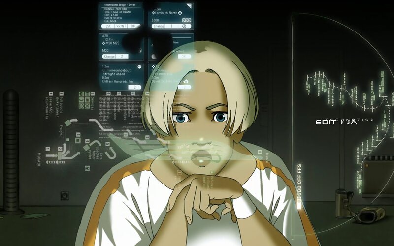 Blonde Anime Character — Green, Dramatic, Night, Holographic Interface