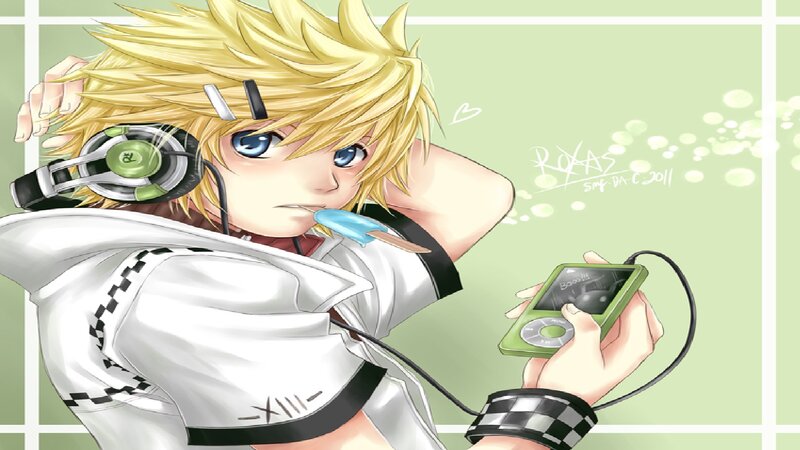 Blonde Anime Character — Green, Playful, Headphones