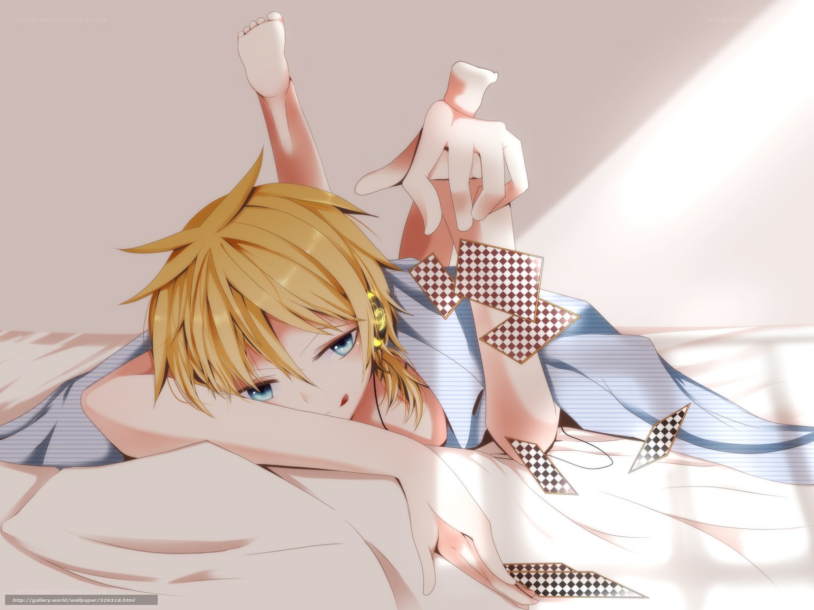 blonde anime character in bed