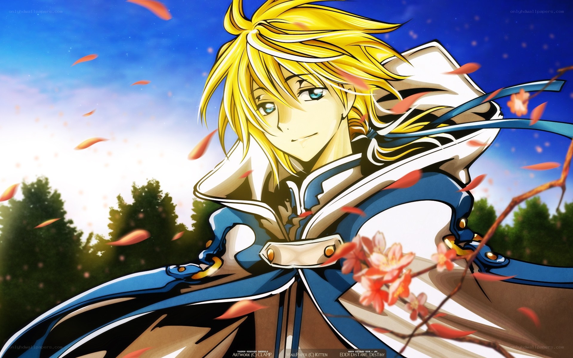 blonde anime character in blue cloak