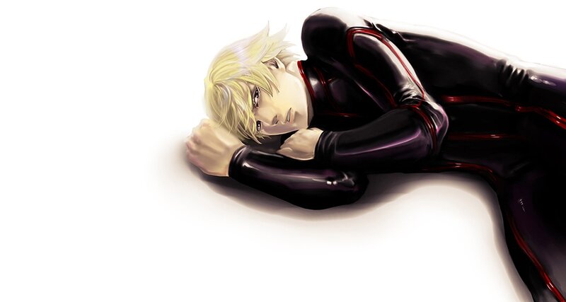 blonde anime character lying down