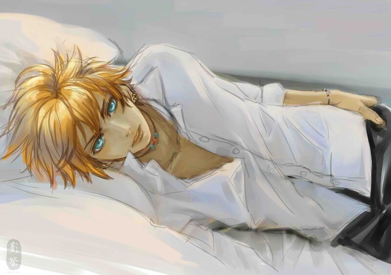 blonde anime character lying down