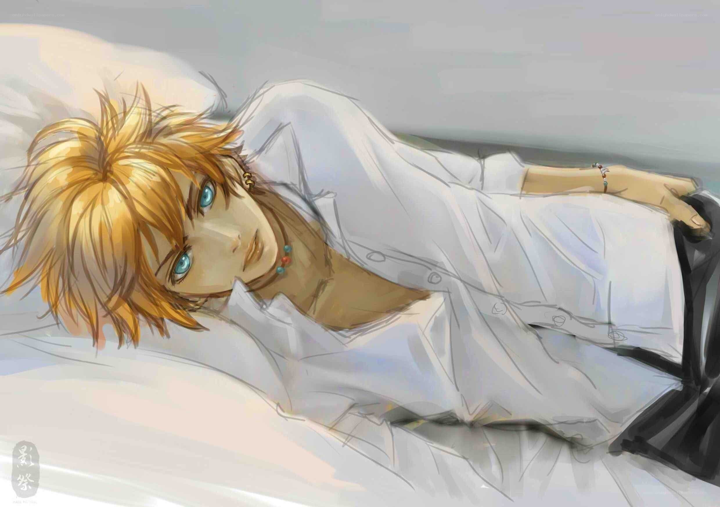 blonde anime character lying down