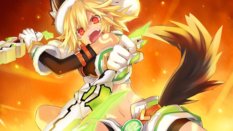Blonde Anime Character — Orange, Dramatic, Red Eyes, Green Weapon