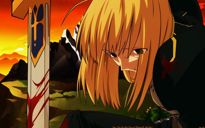 Blonde Anime Character — Orange, Dramatic, Sunset, Sword, Mountains