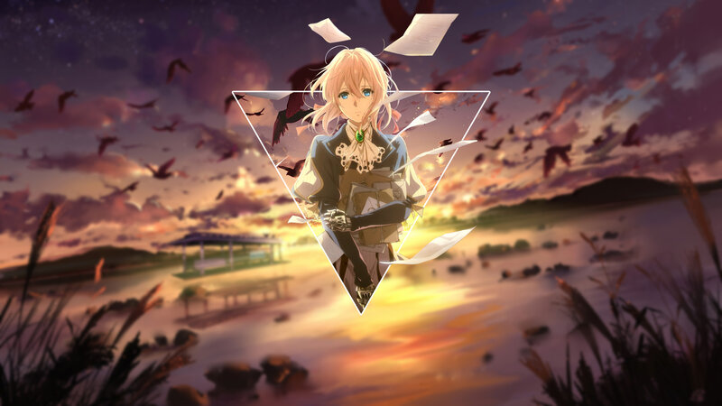 Blonde Anime Character — Purple, Dramatic, Sunset, Birds