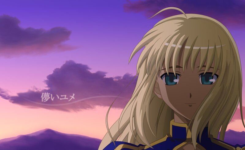 Blonde Anime Character — Purple, Serene, Sunset, Sky, Mountains, Text