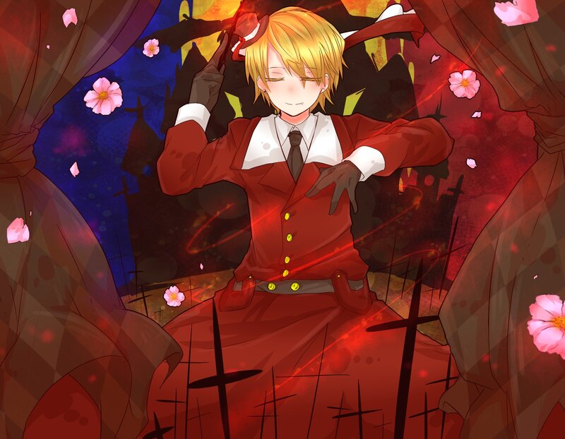 Blonde Anime Character — Red, Dramatic, Night, Flowers