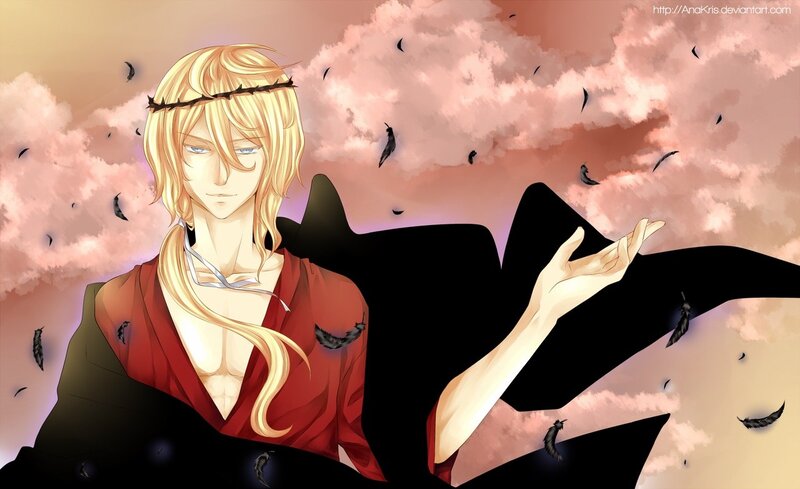 Blonde Anime Character — Red, Dramatic, Sunset, Feathers