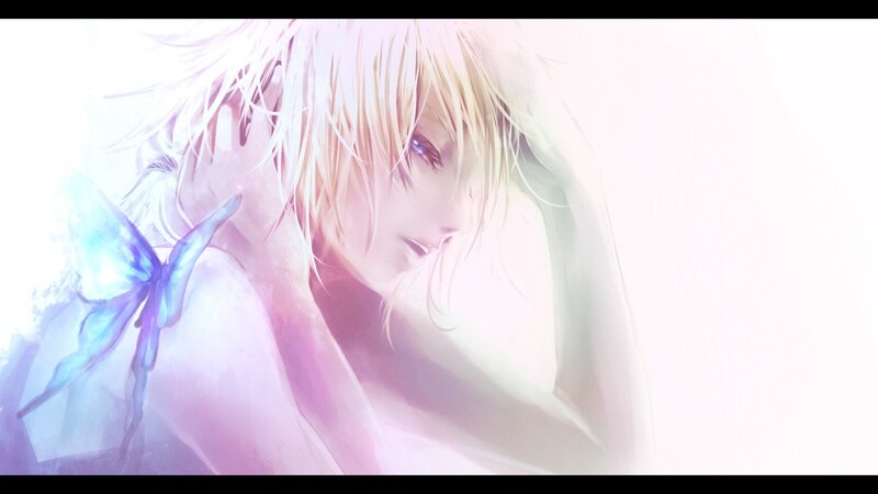 Blonde Anime Character — White, Serene, Digital Art, Butterfly