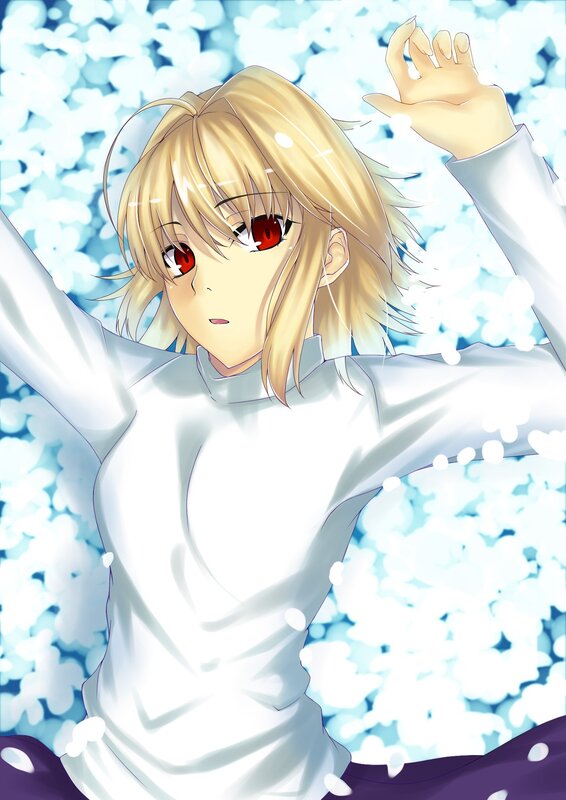 blonde anime character with red eyes