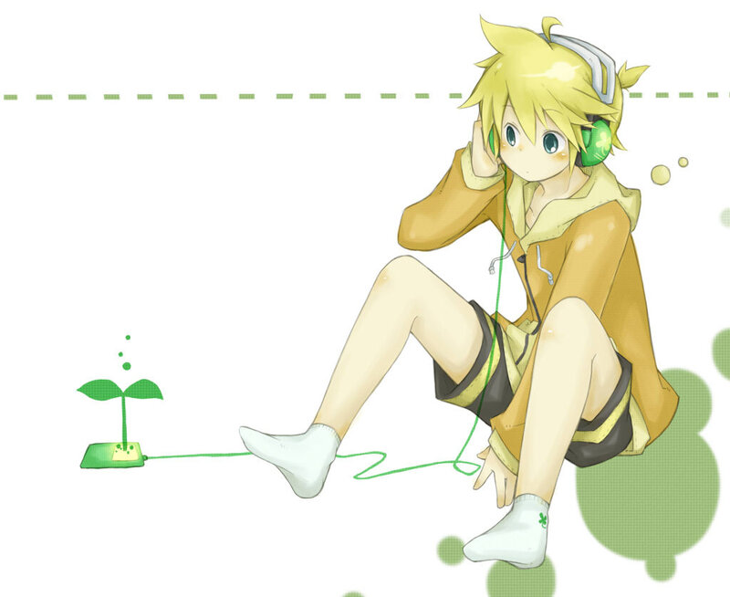 Blonde Anime Character — Yellow, Calm, Headphones, Plant