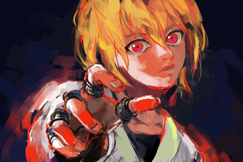 Blonde Anime Character — Yellow, Dramatic, Digital Art, Red Eyes