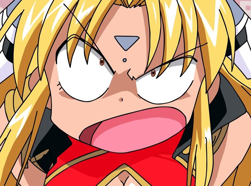 Blonde Anime Character — Yellow, Intense, Red Top, Angry Expression
