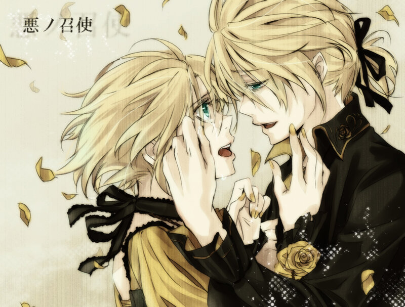 Blonde anime characters in a tender moment