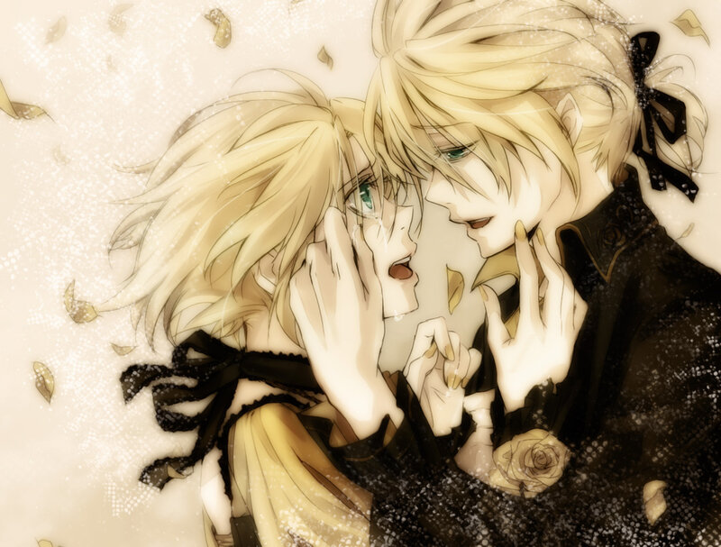 Blonde anime couple in a tender moment
