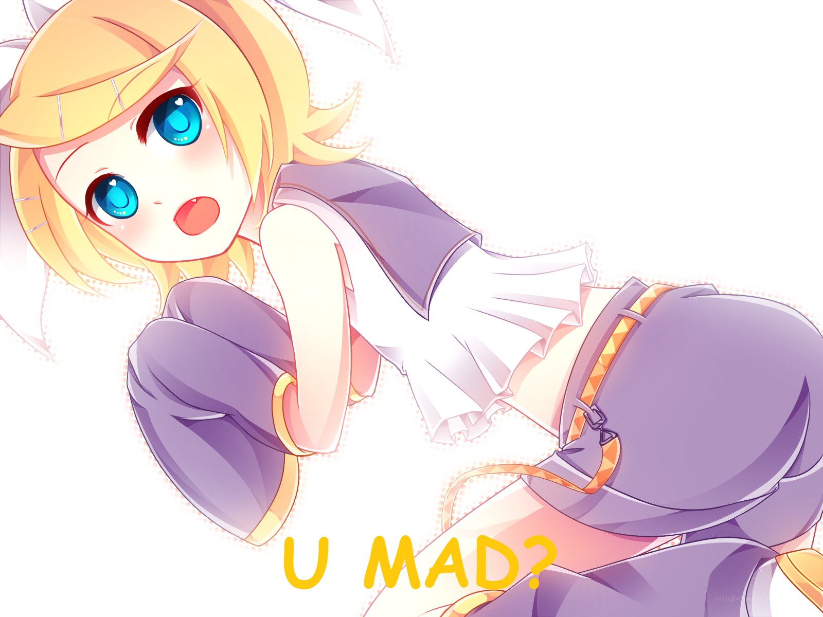 blonde anime girl asking 'u mad?'