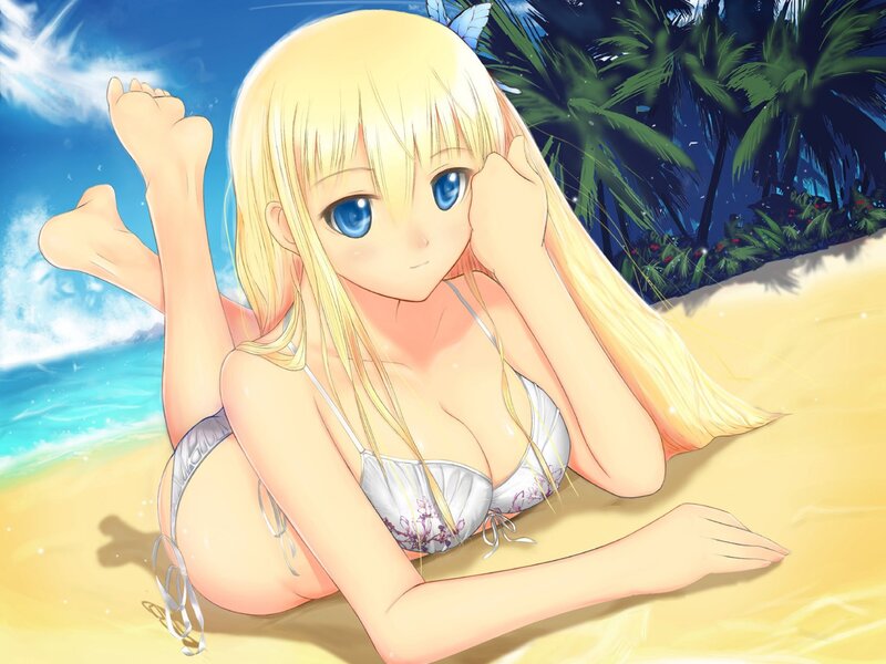 blonde anime girl at beach