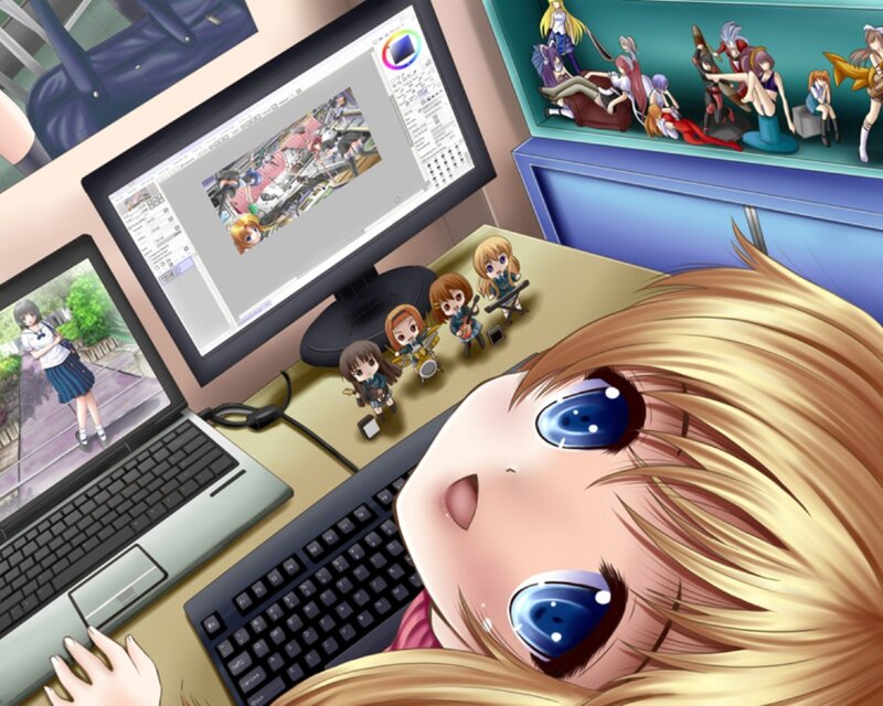 Blonde Anime Girl at Desk — Blue