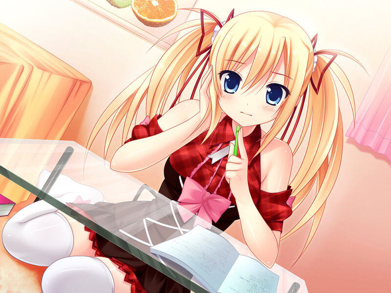 Blonde Anime Girl at Desk — Pink, Calm