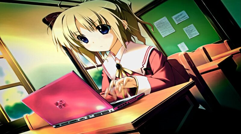 Blonde Anime Girl at Desk — Pink