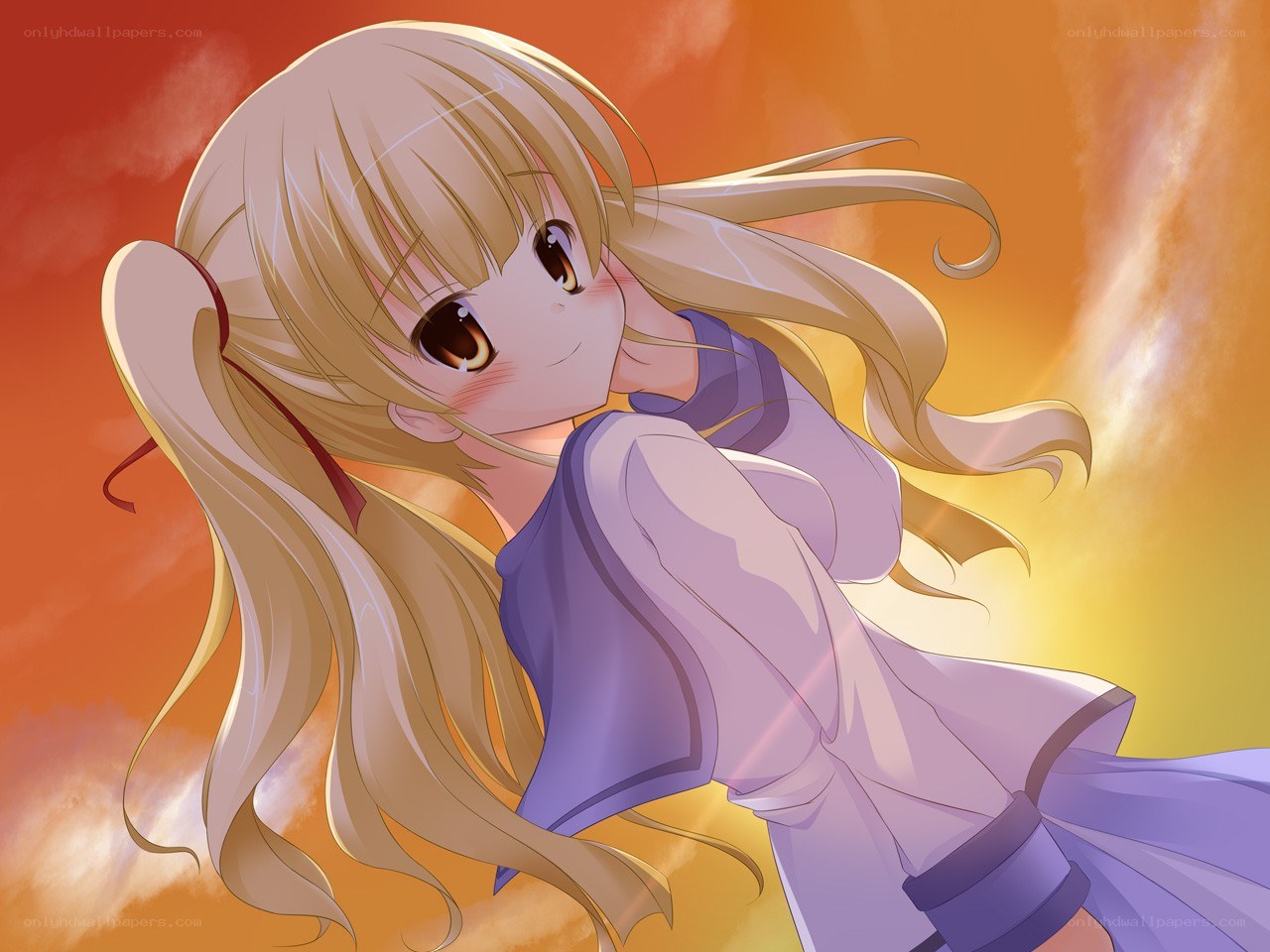 blonde anime girl at sunset