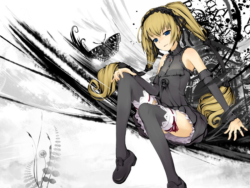 Blonde Anime Girl — Black, Dramatic, Butterfly, Tights