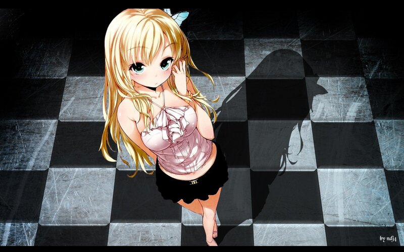 Blonde Anime Girl — Black, Dramatic, Checkered Floor