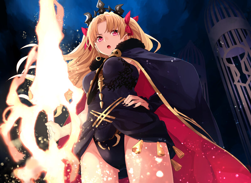 Blonde Anime Girl — Black, Dramatic, Night, Fire, Cape