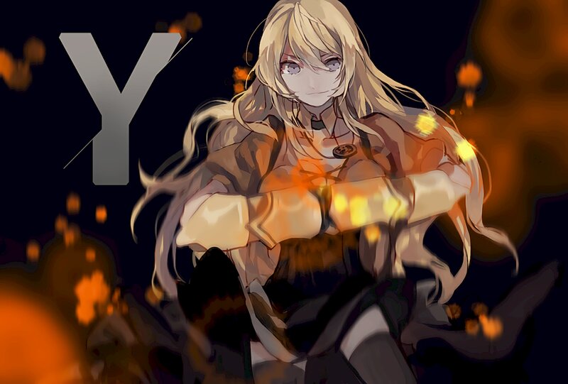Blonde Anime Girl — Black, Dramatic, Night, Fire