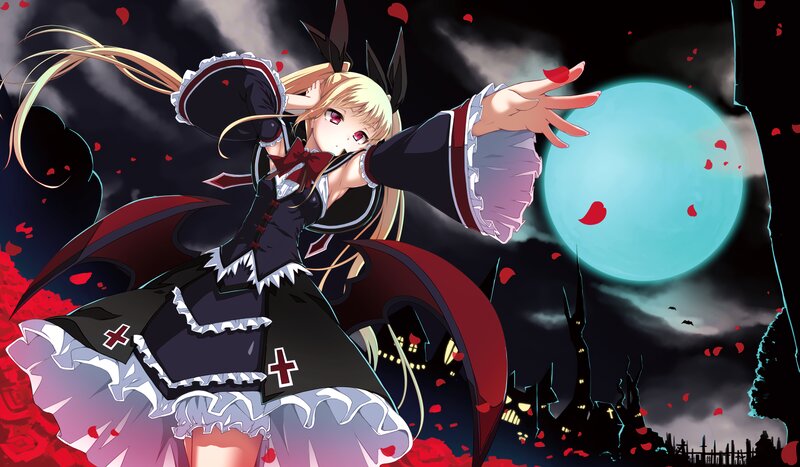 Blonde Anime Girl — Black, Dramatic, Night, Moon, Castle