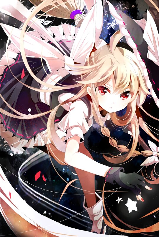 Blonde Anime Girl — Black, Dramatic, Night, Red Eyes, Flying Hair