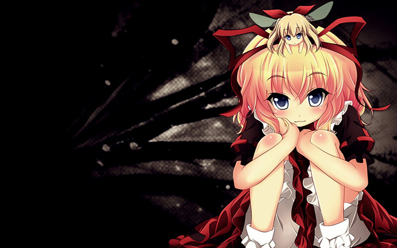 Blonde Anime Girl — Black, Dramatic, Night, Red Ribbons