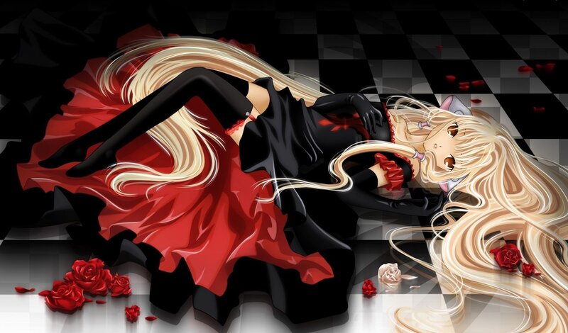 Blonde Anime Girl — Black, Dramatic, Red Roses, Checkered Floor