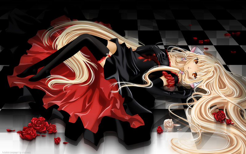 Blonde Anime Girl — Black, Dramatic, Roses