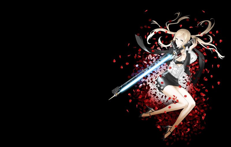 Blonde Anime Girl — Black, Dramatic, Sword, Petals