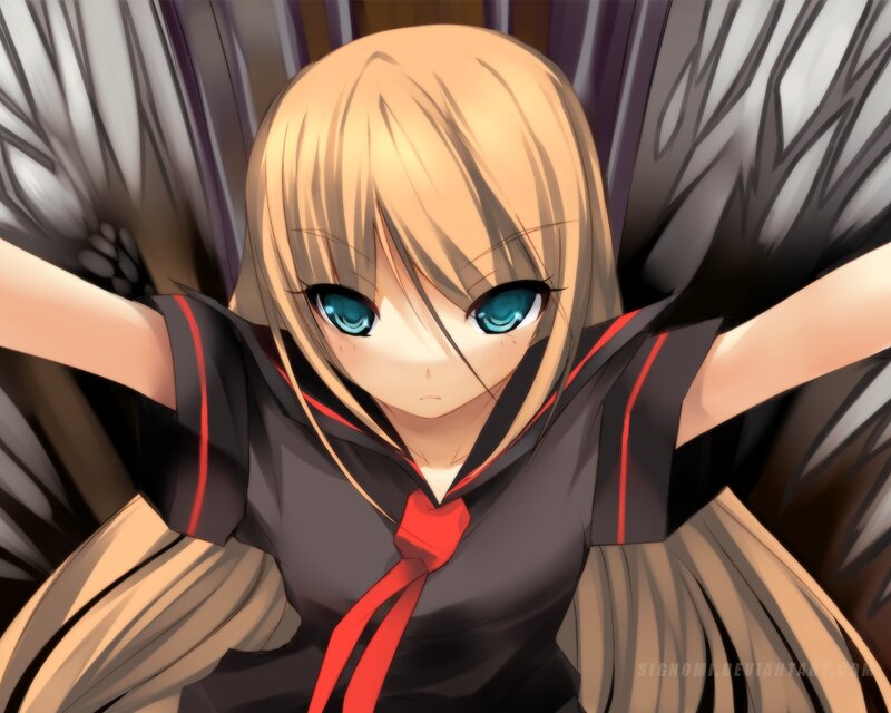 Blonde Anime Girl — Black, Dramatic, Wings