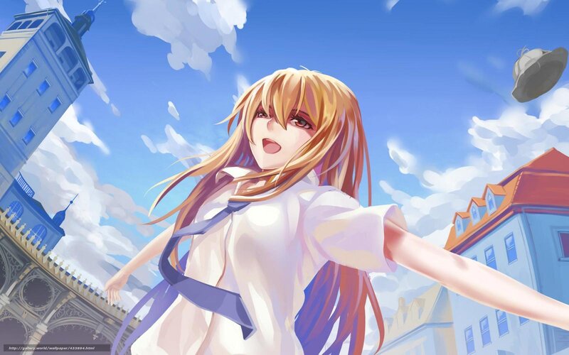 Blonde Anime Girl — Blue, Bright, Afternoon, Buildings