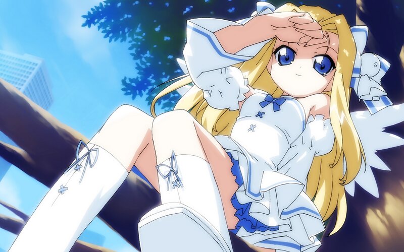 Blonde Anime Girl — Blue, Bright, Afternoon, Tree