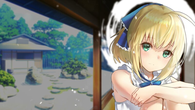 Blonde Anime Girl — Blue, Calm, Afternoon, Garden