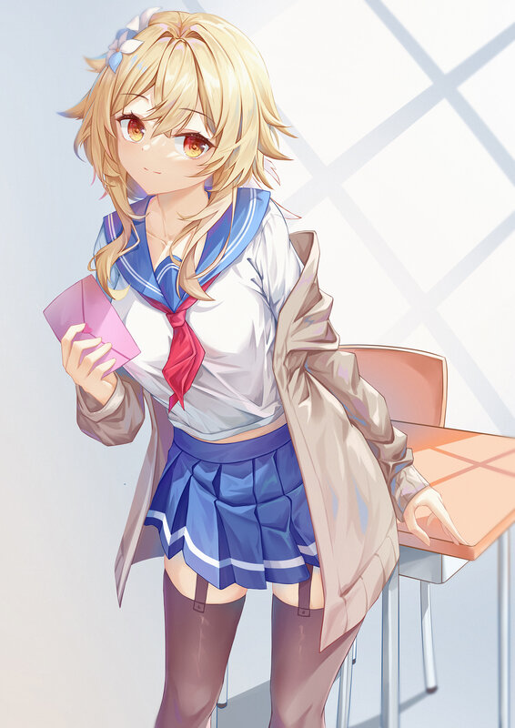Blonde Anime Girl — Blue, Calm, Afternoon, School Uniform, Coat