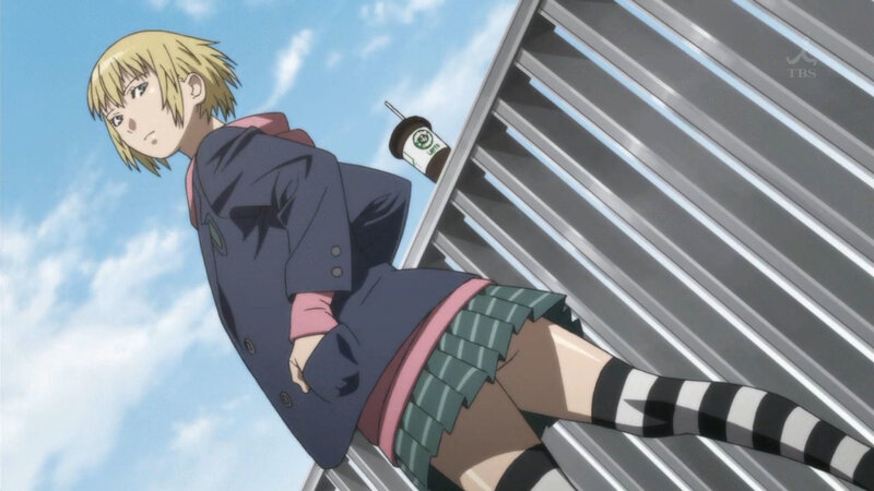 Blonde Anime Girl — Blue, Calm, Afternoon, School Uniform, Coffee Cup
