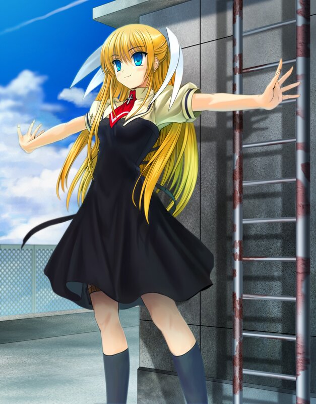 Blonde Anime Girl — Blue, Calm, Afternoon, School Uniform, Ladder