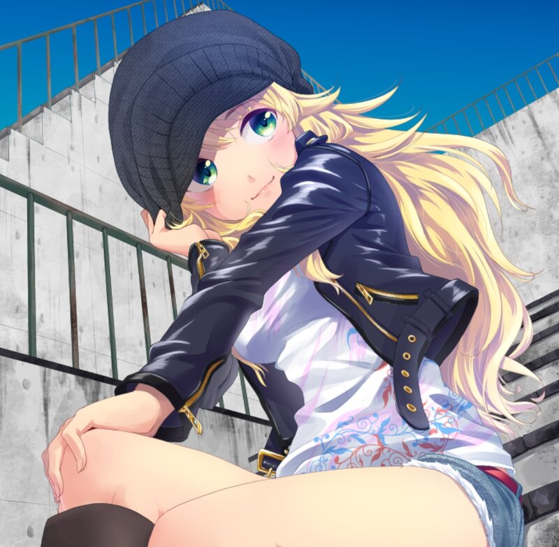 Blonde Anime Girl — Blue, Calm, Afternoon, Stairs