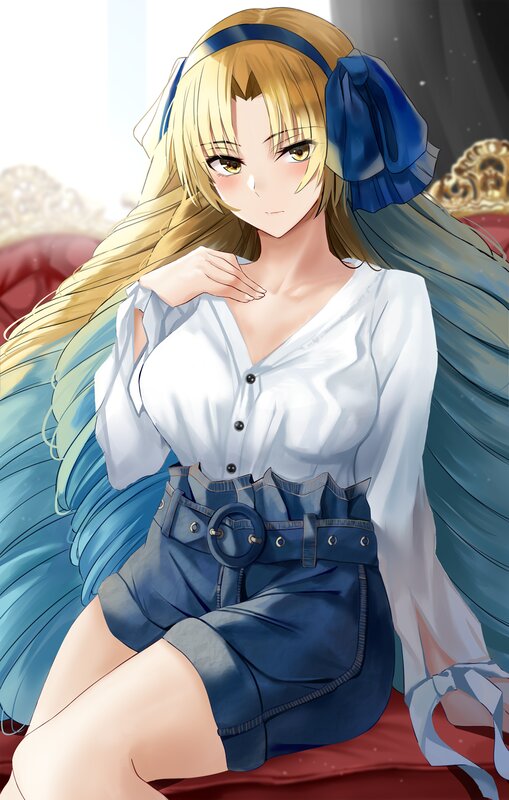 Blonde Anime Girl — Blue, Calm, Blue Bow, White Shirt
