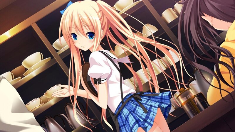 Blonde Anime Girl — Blue, Calm, Coffee Cups