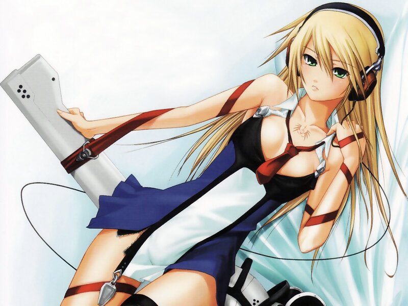Blonde Anime Girl — Blue, Calm, Headphones, Weapon