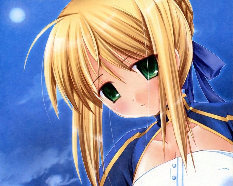 Blonde Anime Girl — Blue, Calm, Night, Green Eyes